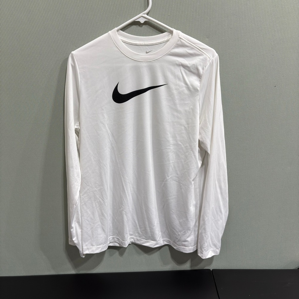 Nike Dri FIT Long Sleeve Athletic Shirt White Black Swoosh Men's XL+ - Picture 1 of 9